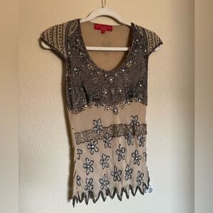 Vintage 90s does 20s Beaded Silk Embroidered Blouse Sz S‎ Cap Sleeve